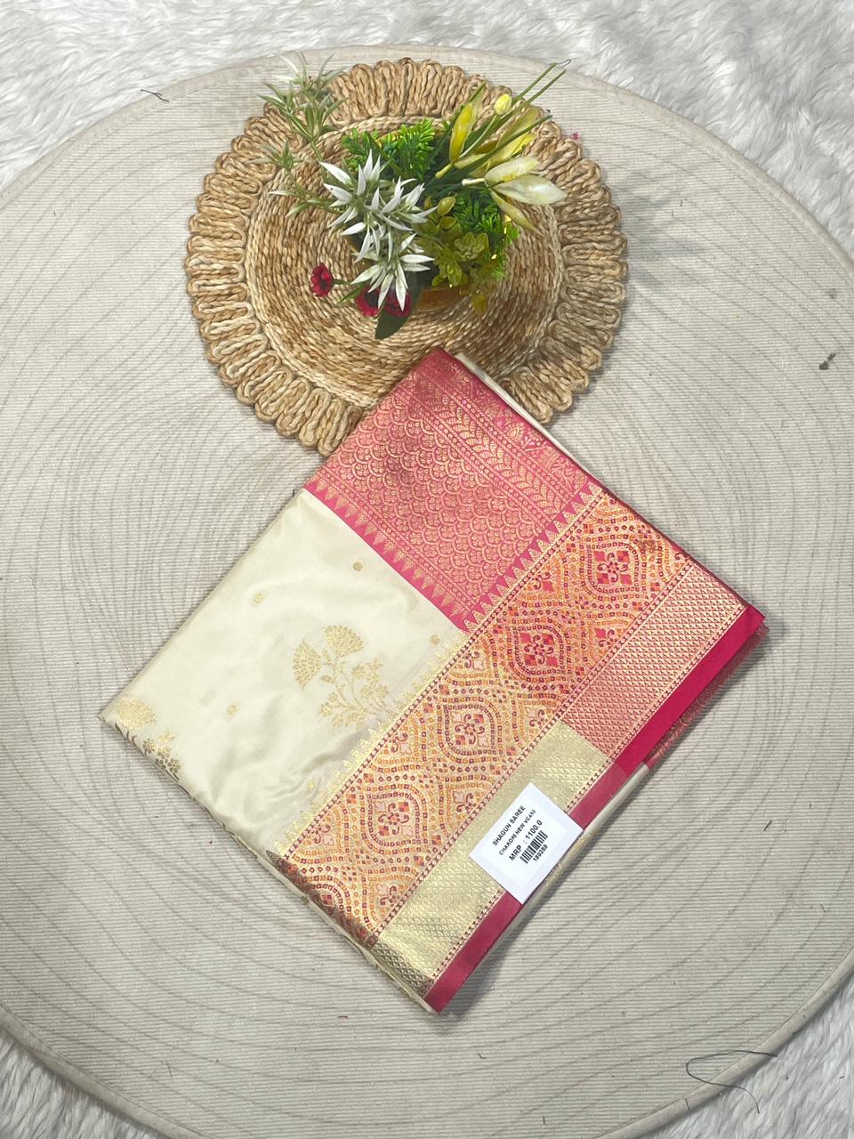 Cream & Pink Zari Woven Banarasi Style Festive Saree | Shagun Sarees