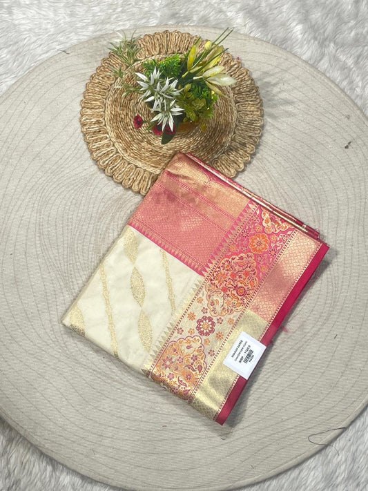 Cream & Pink Zari Woven Banarasi Style Festive Saree | Shagun Sarees