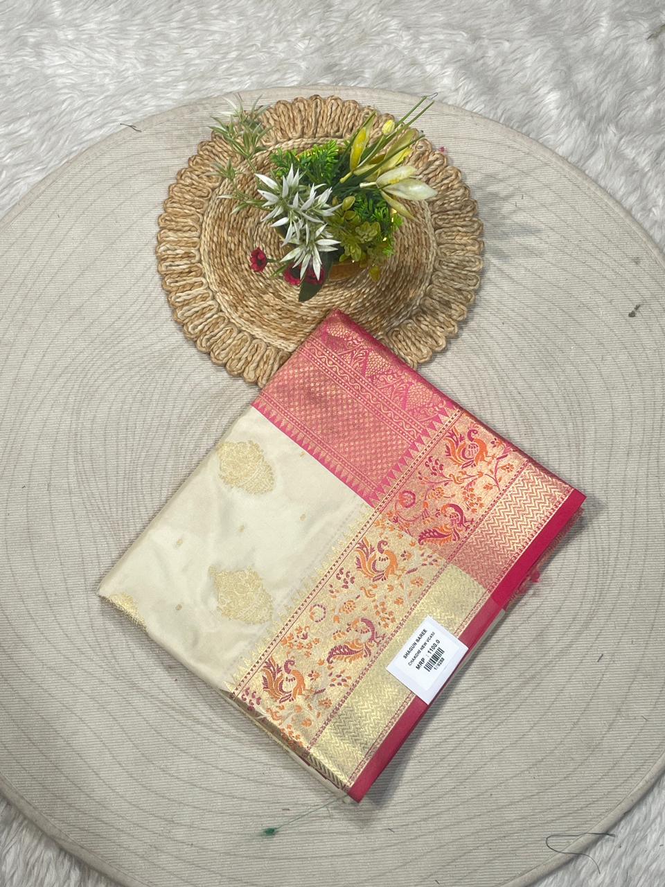 Cream & Pink Zari Woven Banarasi Style Festive Saree | Shagun Sarees
