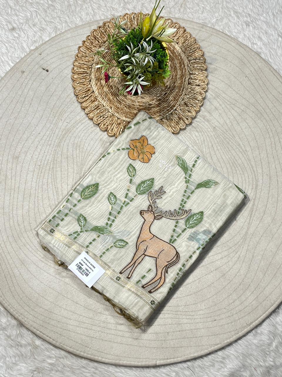 Nature Embroidered Ivory Linen Saree with Deer & Bird Motif | Shagun Sarees