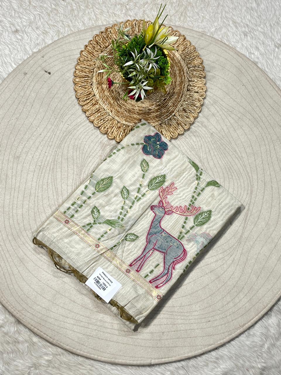 Nature Embroidered Ivory Linen Saree with Deer & Bird Motif | Shagun Sarees