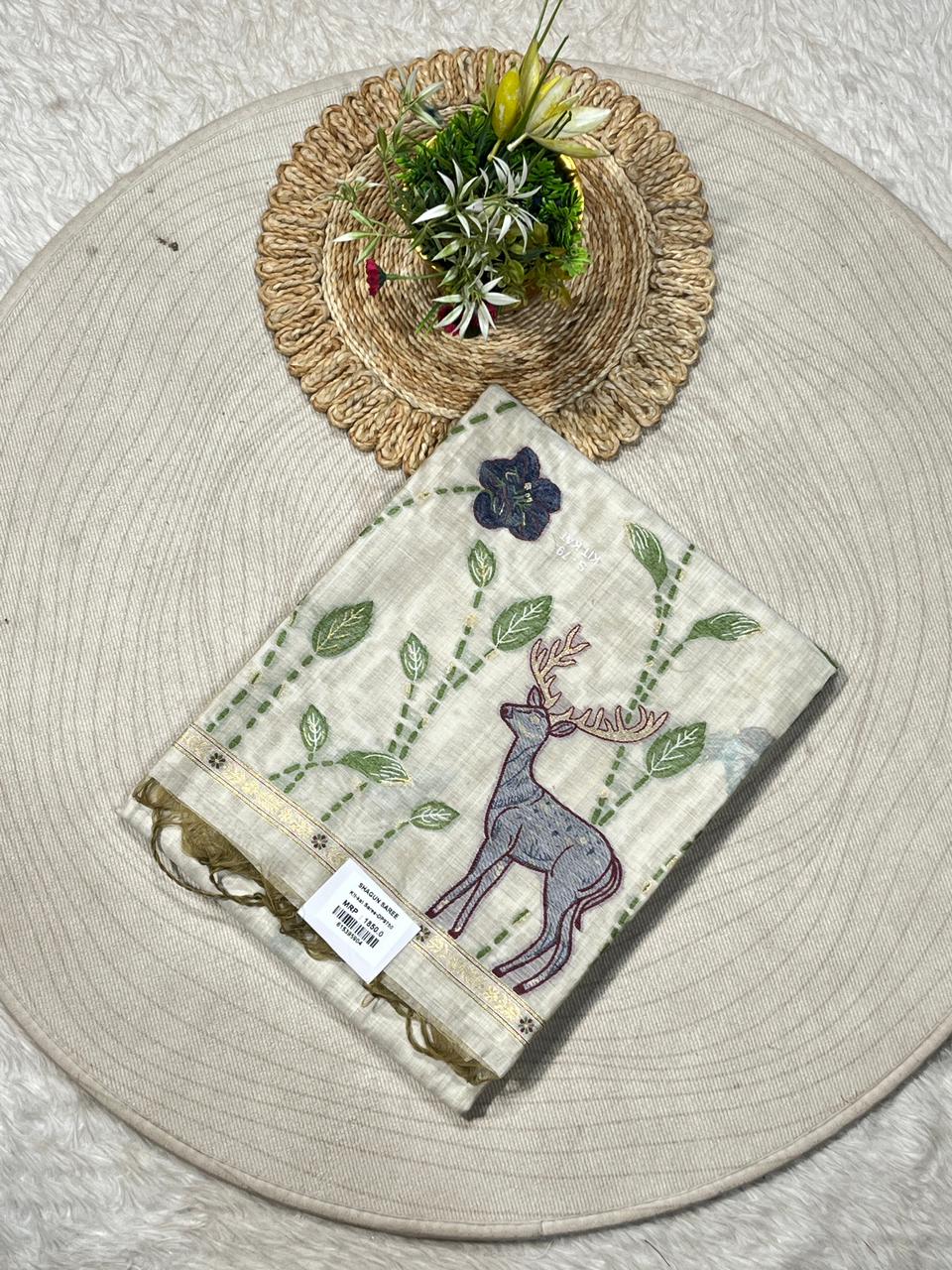 Nature Embroidered Ivory Linen Saree with Deer & Bird Motif | Shagun Sarees