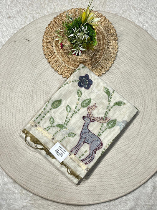 Elegant Nature Embroidered Ivory Linen Saree with Deer & Bird Motif | Shagun Sarees