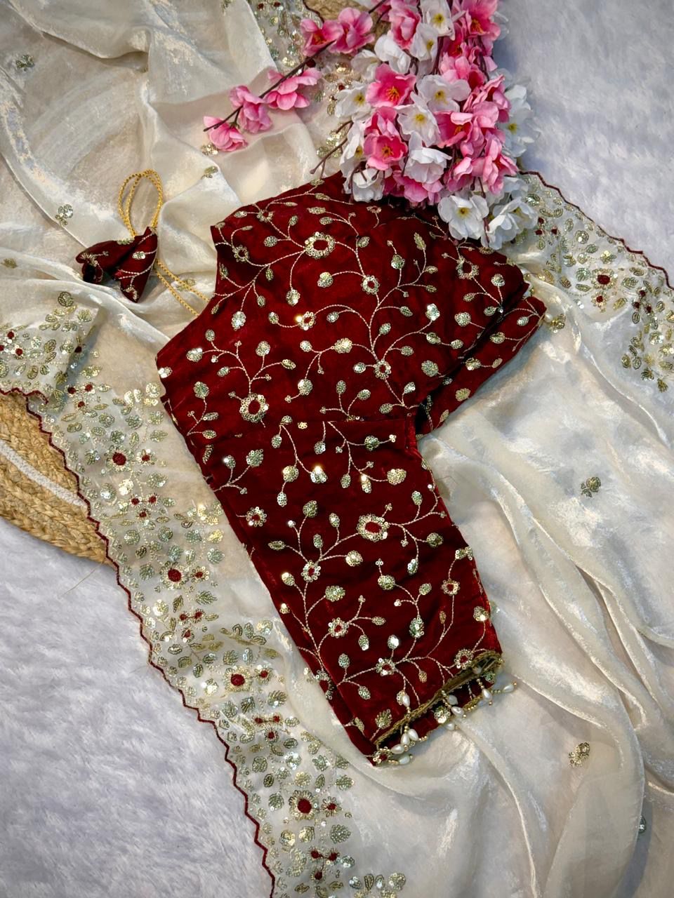SHAGUN FASHION White Organza Saree with Embroidered Border & Maroon Designer Blouse