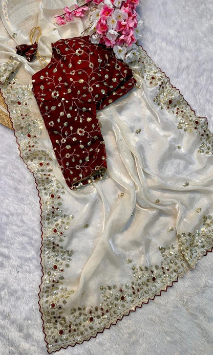 SHAGUN FASHION White Organza Saree with Embroidered Border & Maroon Designer Blouse