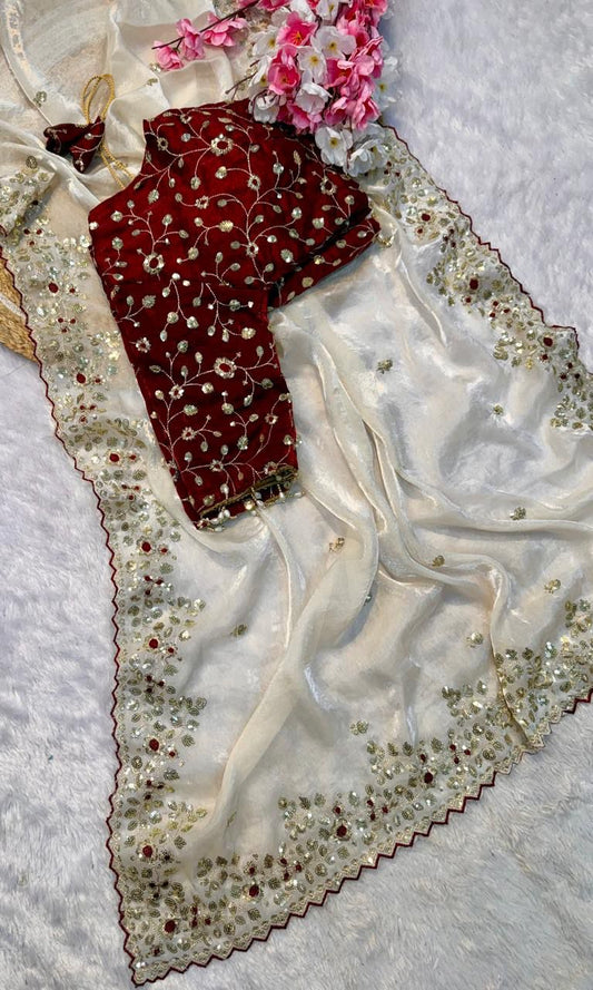 Elegant White Organza Saree with Embroidered Border & Maroon Designer Blouse