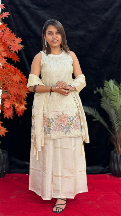 Floral Embroidered Kurti Set with Palazzo & Dupatta | Festive Ethnic Wear