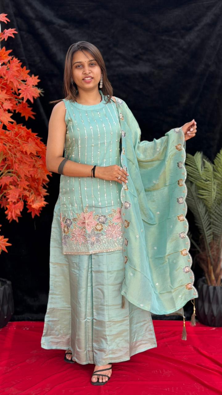 Floral Embroidered Kurti Set with Palazzo & Dupatta | Festive Ethnic Wear