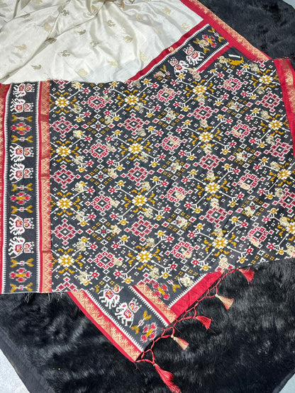 Patola Silk Saree with Elephant Border & Grey Ikat Pallu | Festive Designer Saree by Shagun Sarees