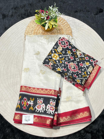 Patola Silk Saree with Elephant Border & Grey Ikat Pallu | Festive Designer Saree by Shagun Sarees