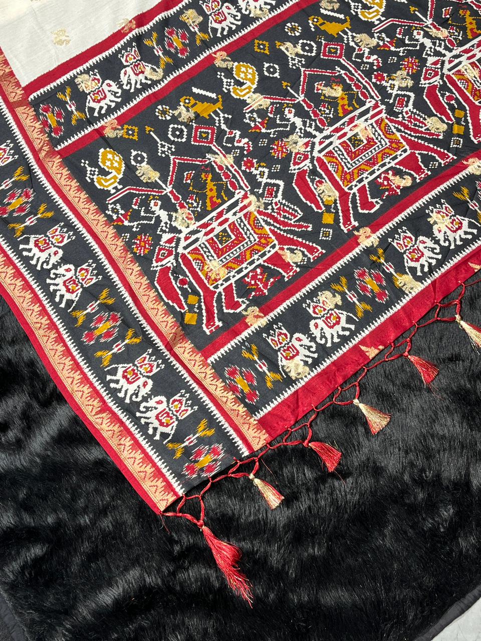 Patola Silk Saree with Elephant Border & Grey Ikat Pallu | Festive Designer Saree by Shagun Sarees