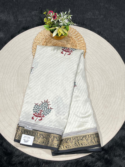 Off White Linen Silk Saree with Contrast Pallu & Zari Border | Shagun Sarees