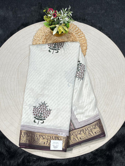 Off White Linen Silk Saree with Contrast Pallu & Zari Border | Shagun Sarees