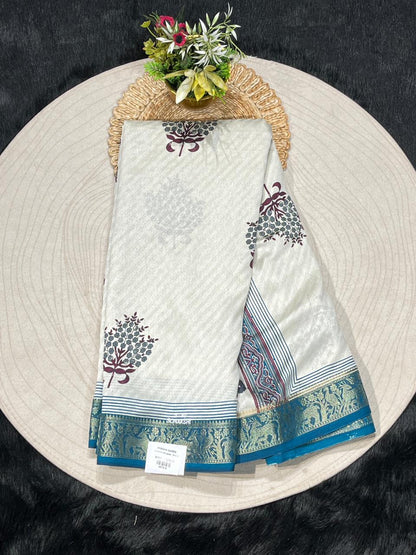 Off White Linen Silk Saree with Contrast Pallu & Zari Border | Shagun Sarees