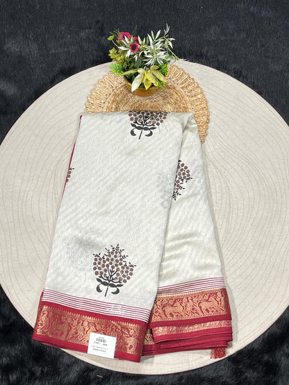 Off White Linen Silk Saree with Contrast Pallu & Zari Border | Shagun Sarees