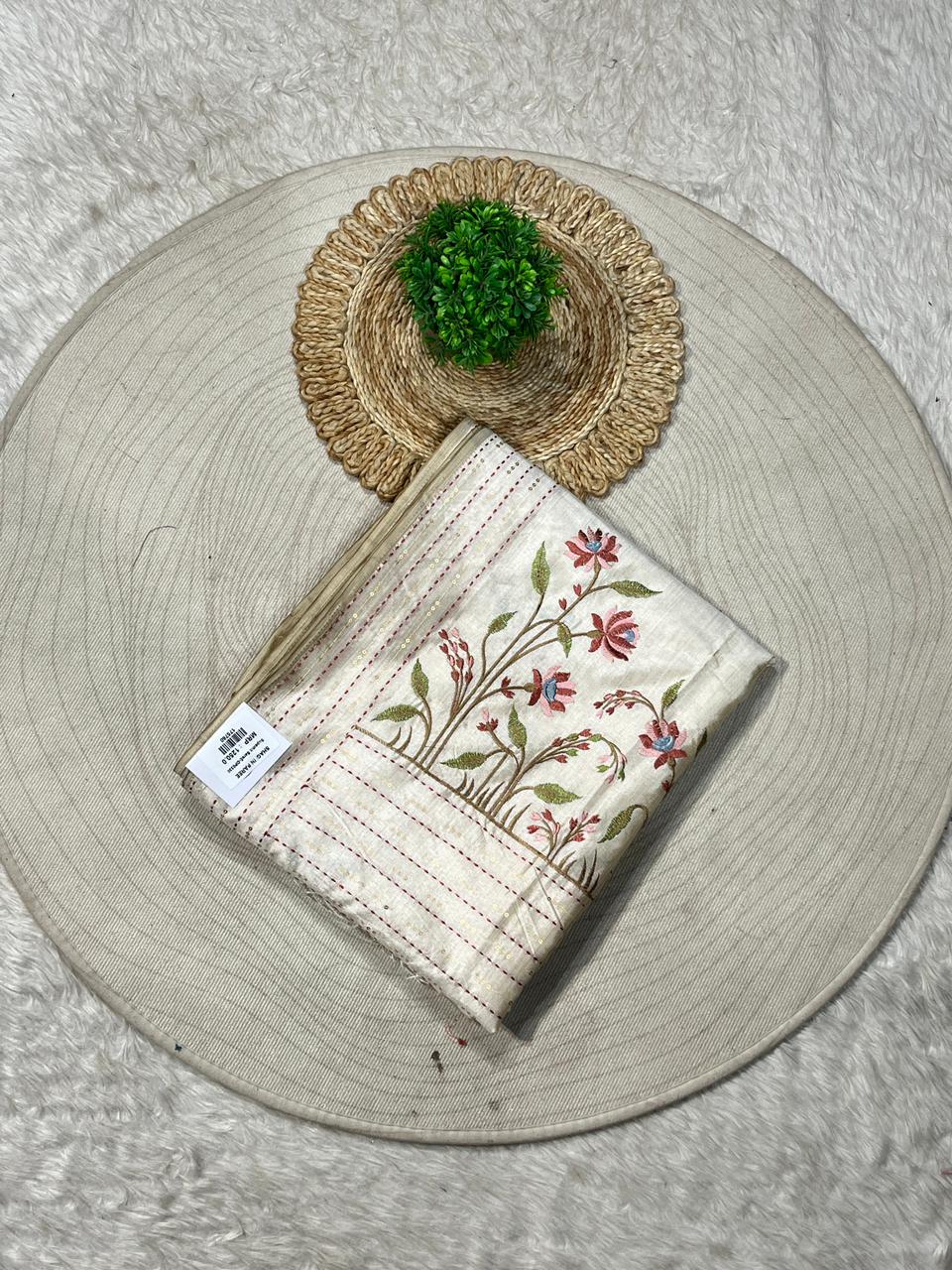 SHAGUN FASHION Off White Cotton Silk Floral Printed Saree with Tassel Pallu
