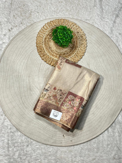 Soft Silk Printed Saree with Zari Border & Floral Pallu | Shagun Sarees