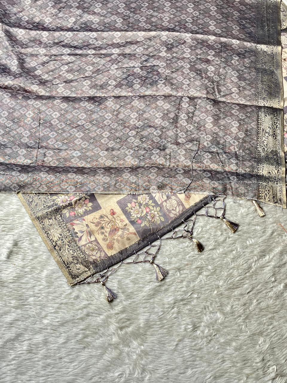 Soft Silk Printed Saree with Zari Border & Floral Pallu | Shagun Sarees