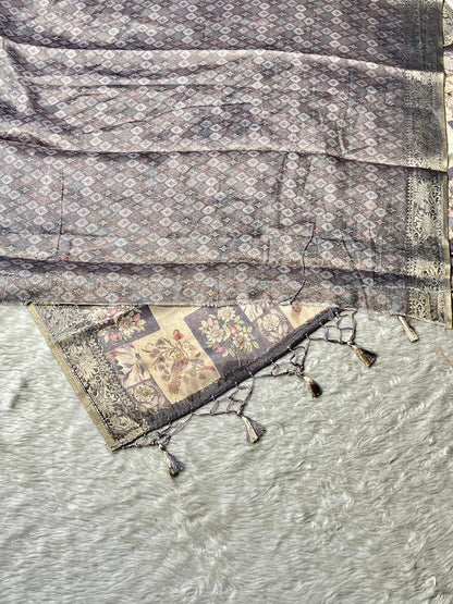 Soft Silk Printed Saree with Zari Border & Floral Pallu | Shagun Sarees