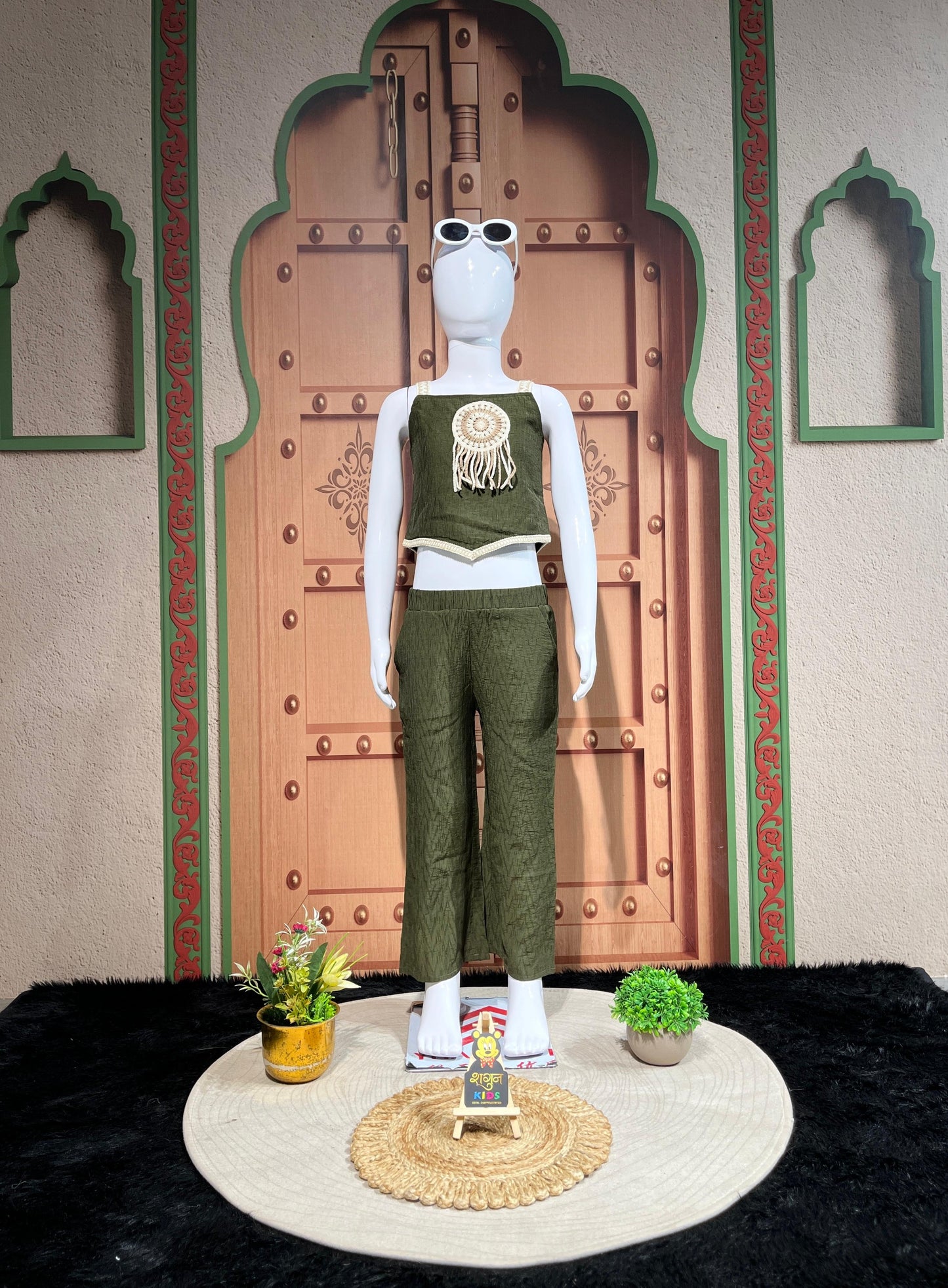 Olive Green Boho Chic Co-Ord Set for Girls