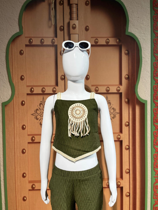 Olive Green Boho Chic Co-Ord Set for Girls
