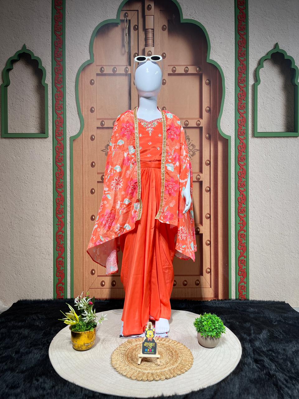 Vibrant Orange Floral Cape Style Ethnic Set for Girls