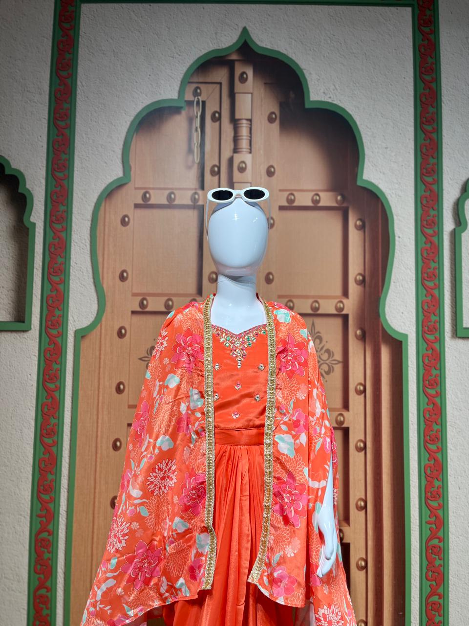 Vibrant Orange Floral Cape Style Ethnic Set for Girls