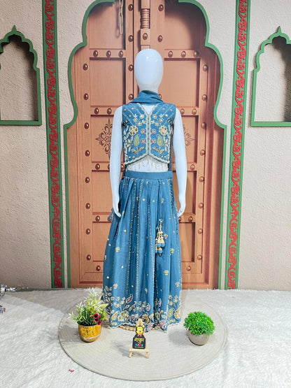 Royal Sky Blue Embroidered Lehenga Set for Girls