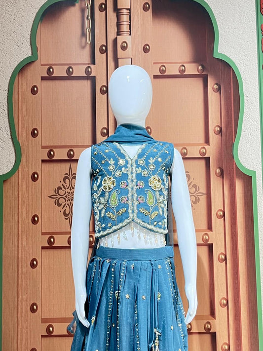 Royal Sky Blue Embroidered Lehenga Set for Girls