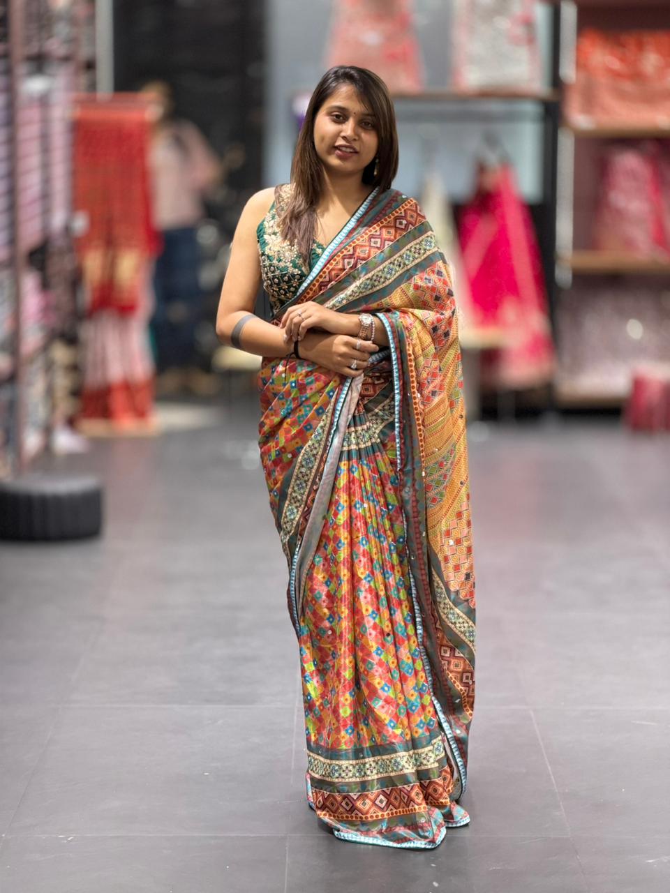 Multicolor Printed Saree with Geometric Design | Festive Wear by Shagun Fashion