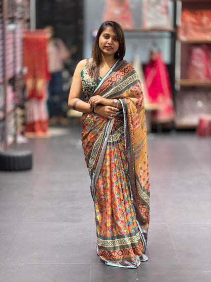 Multicolor Printed Saree with Geometric Design | Festive Wear by Shagun Fashion