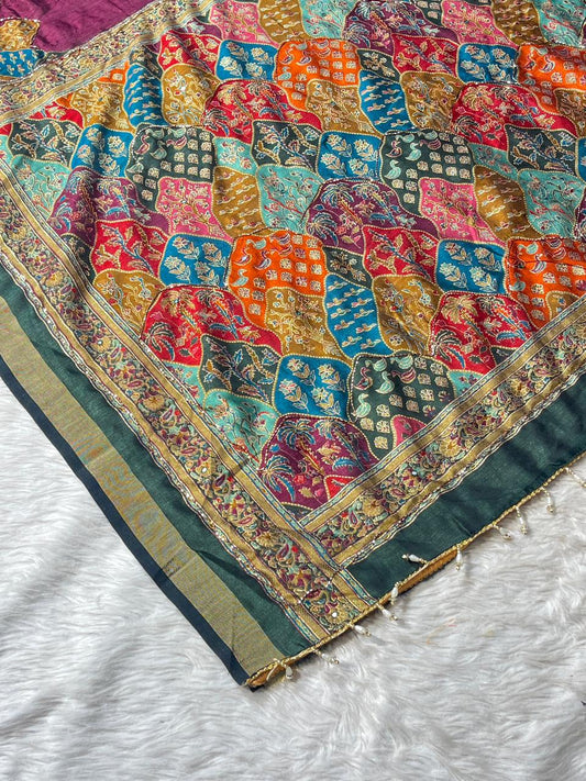 Multicolor Patchwork Silk Blend Saree with Zari Border & Rich Embroidered Pallu | Shagun Sarees