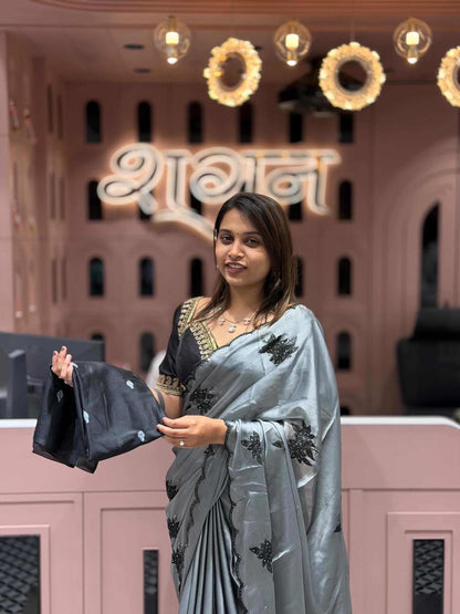 SHAGUN FASHION Satin Silk Designer Saree with Black Floral Embroidery & Contrast Blouse