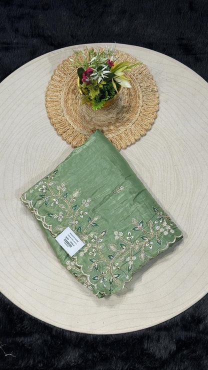 SHAGUN FASHION Pastel Organza Saree with Floral Embroidery & Scalloped Border