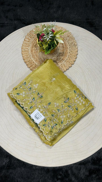 SHAGUN FASHION Pastel Organza Saree with Floral Embroidery & Scalloped Border