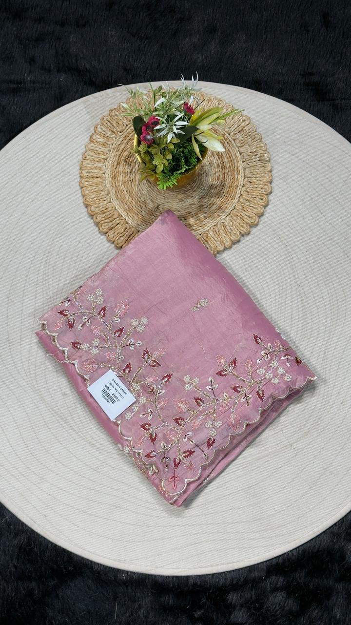 SHAGUN FASHION Pastel Organza Saree with Floral Embroidery & Scalloped Border