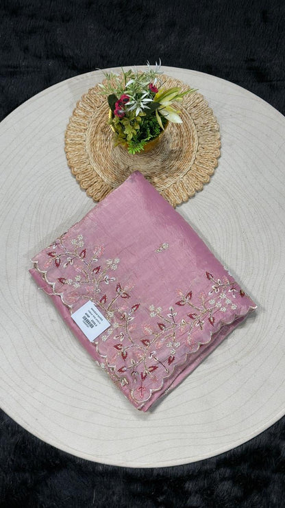 SHAGUN FASHION Pastel Organza Saree with Floral Embroidery & Scalloped Border