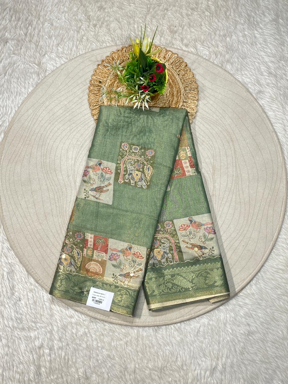 SHAGUN FASHION Beige Silk Saree with Artistic Printed Pallu & Border