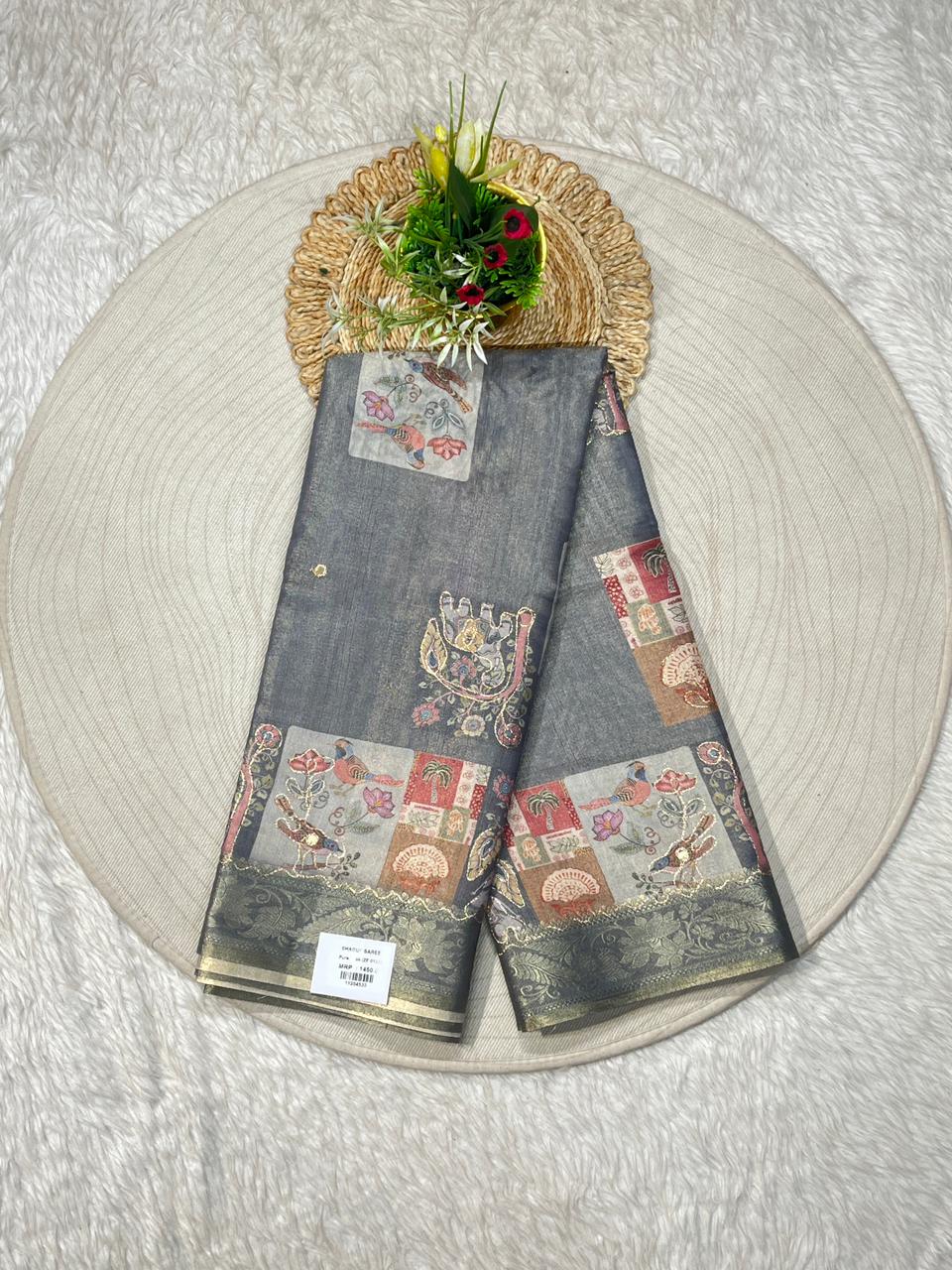 SHAGUN FASHION Beige Silk Saree with Artistic Printed Pallu & Border