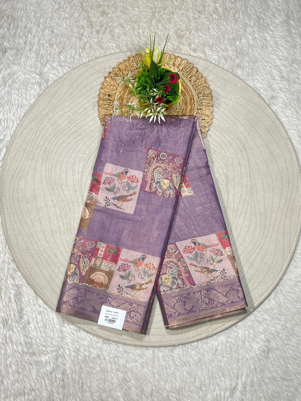 SHAGUN FASHION Beige Silk Saree with Artistic Printed Pallu & Border