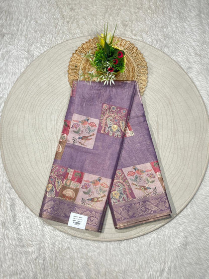 SHAGUN FASHION Beige Silk Saree with Artistic Printed Pallu & Border