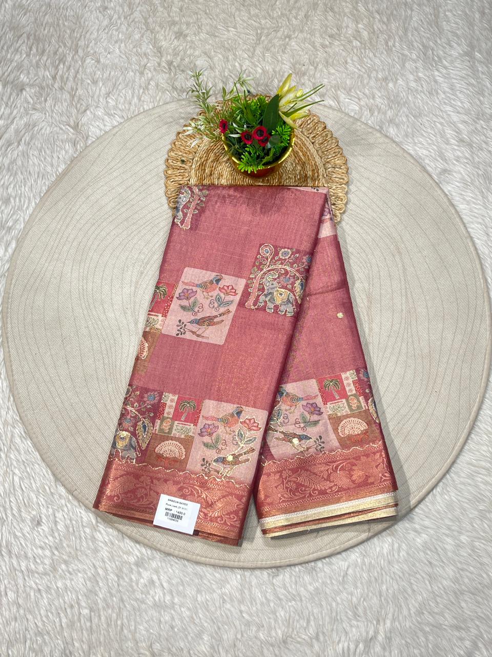 SHAGUN FASHION Beige Silk Saree with Artistic Printed Pallu & Border