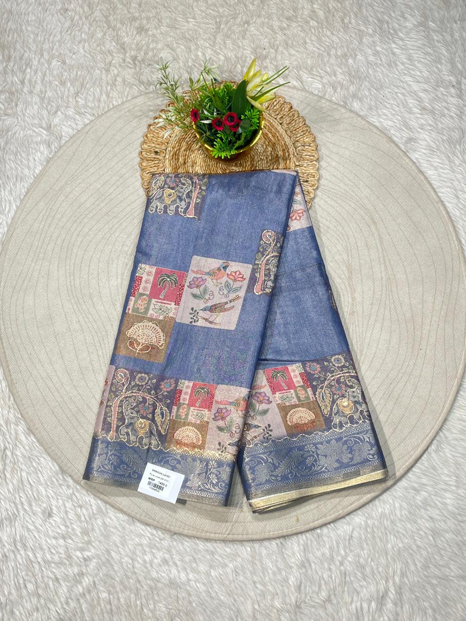 SHAGUN FASHION Beige Silk Saree with Artistic Printed Pallu & Border