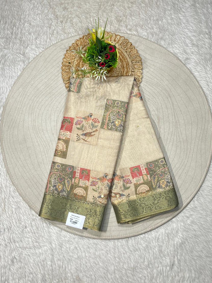 SHAGUN FASHION Beige Silk Saree with Artistic Printed Pallu & Border