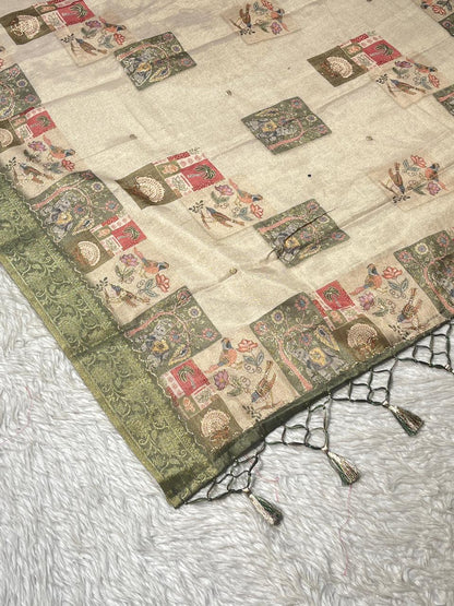 SHAGUN FASHION Beige Silk Saree with Artistic Printed Pallu & Border