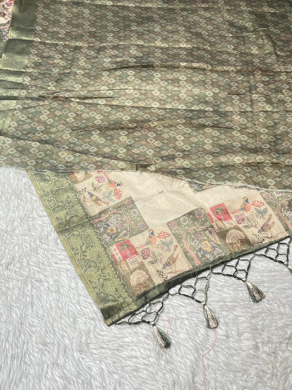 SHAGUN FASHION Beige Silk Saree with Artistic Printed Pallu & Border