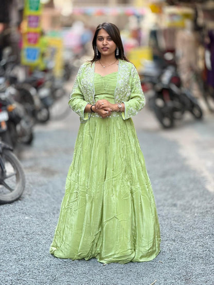 Elegant Ivory Embroidered Jacket Gown Set