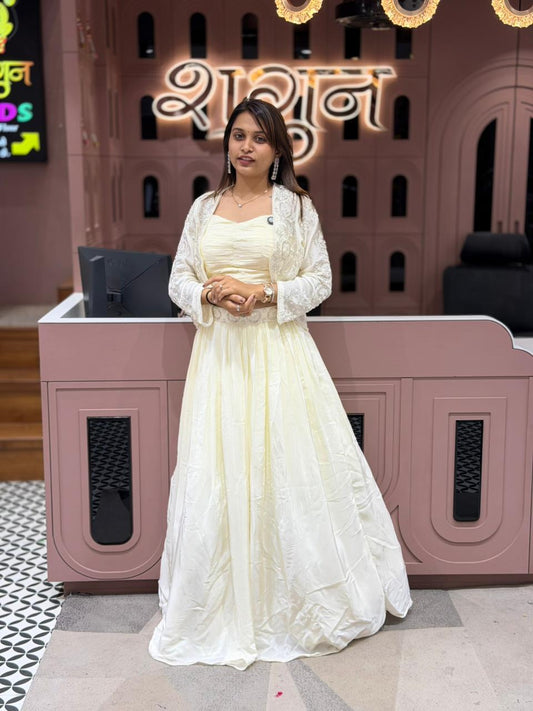 Elegant Ivory Embroidered Jacket Gown Set