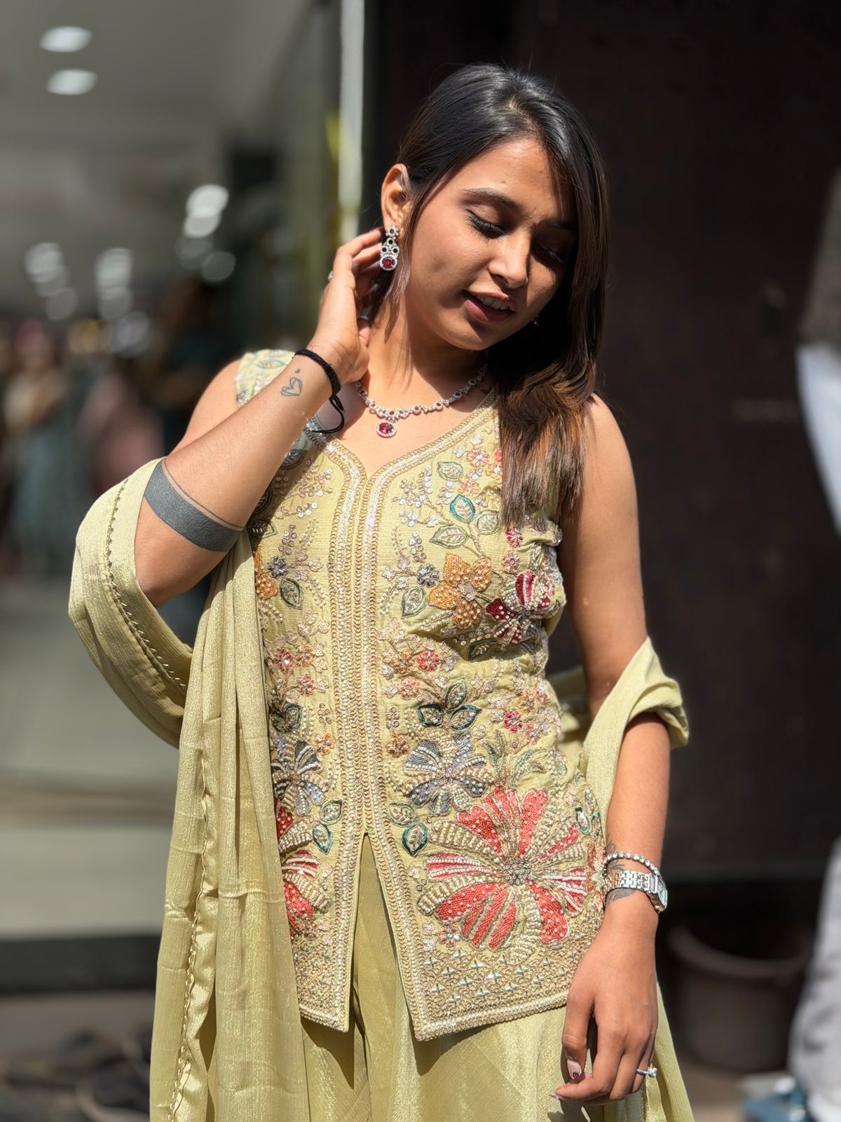 Pastel Embroidered Kurta Set with Dupatta & Flowy Skirt for Women