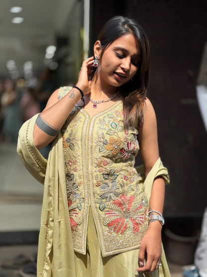 Pastel Embroidered Kurta Set with Dupatta & Flowy Skirt for Women